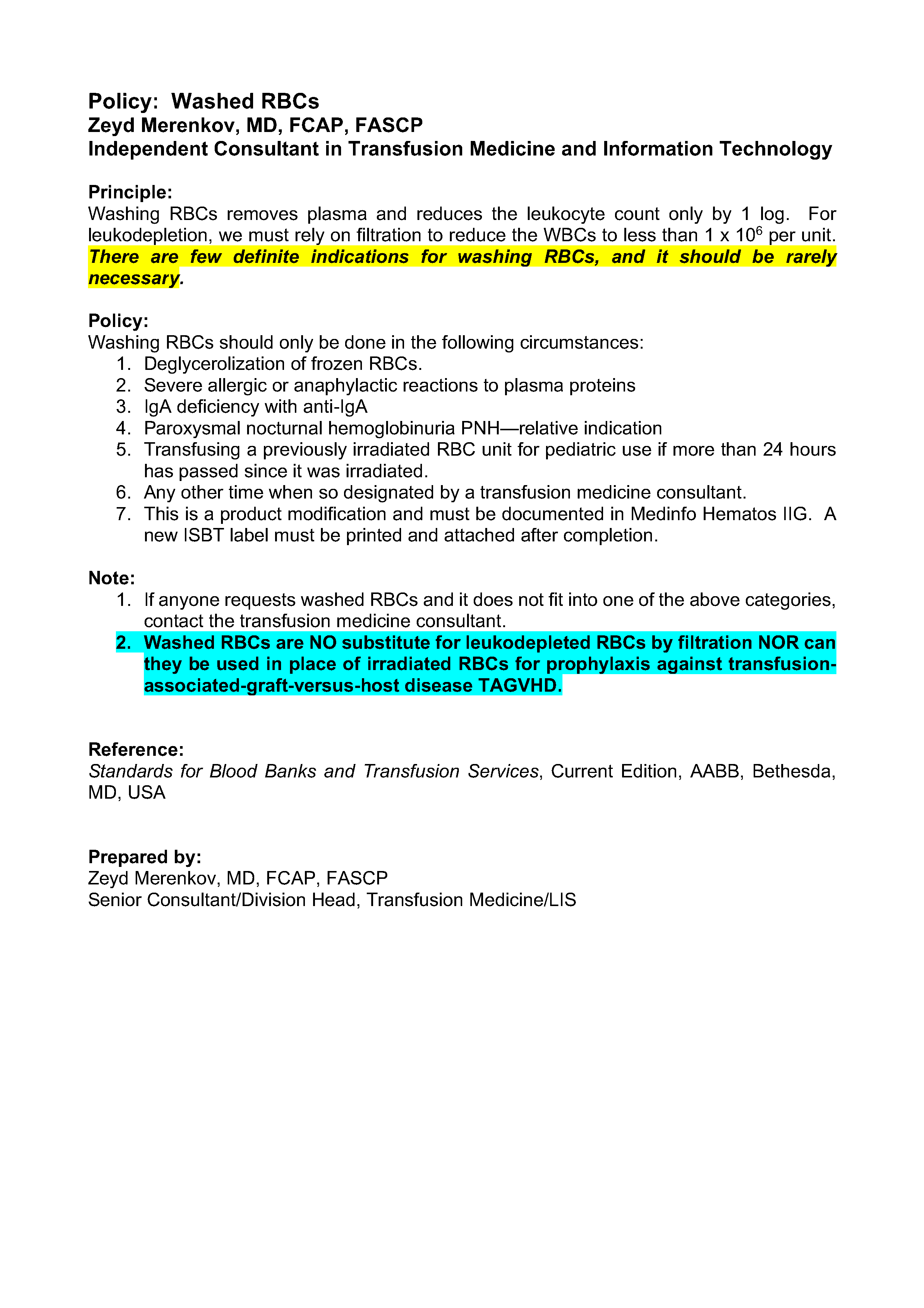 Washed Rbcs Automated Policy: Washed RBCs – Dr. Zeyd Merenkov