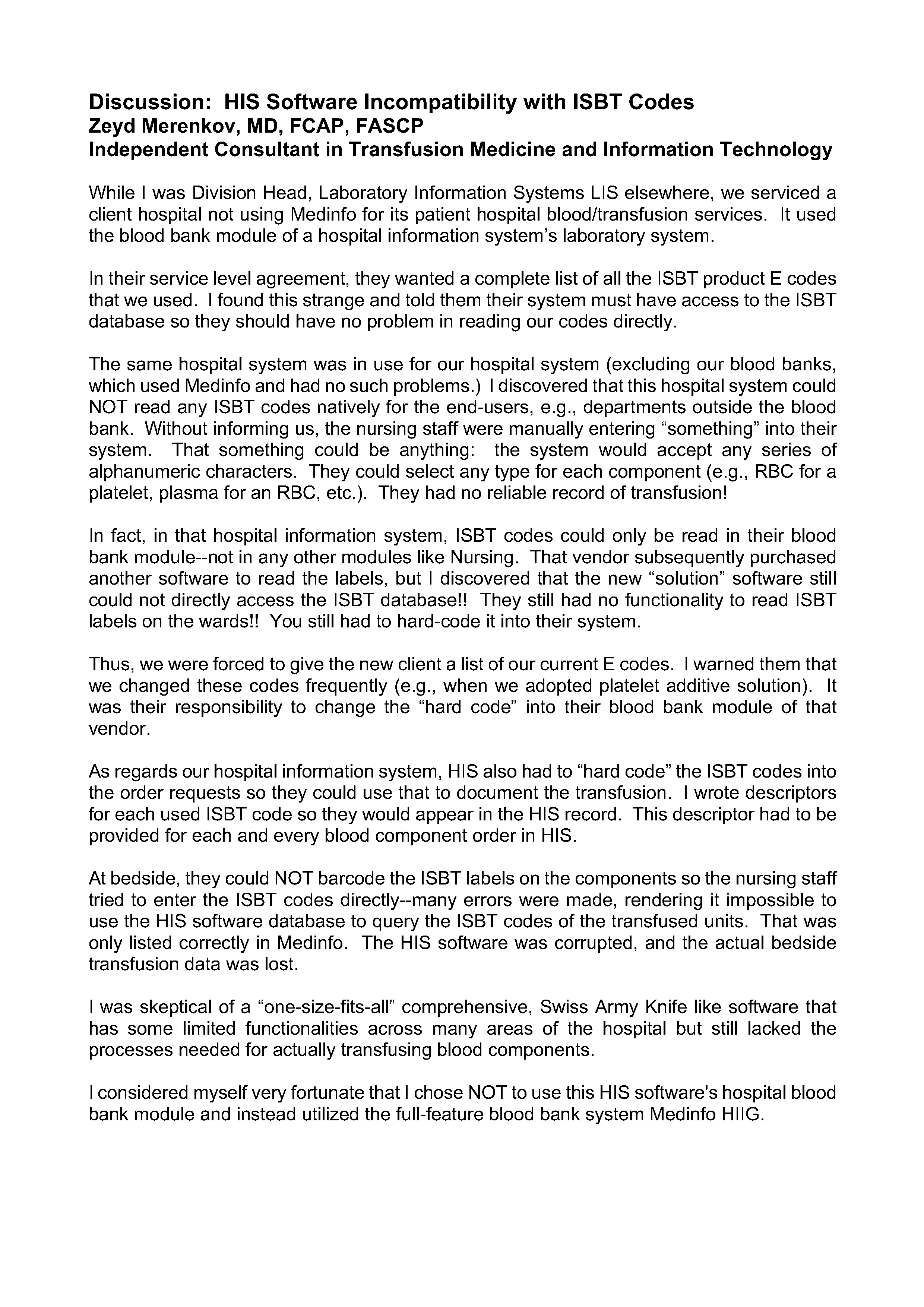 HIS Vendor Incompatibility with ISBT Codes – Dr. Zeyd Merenkov