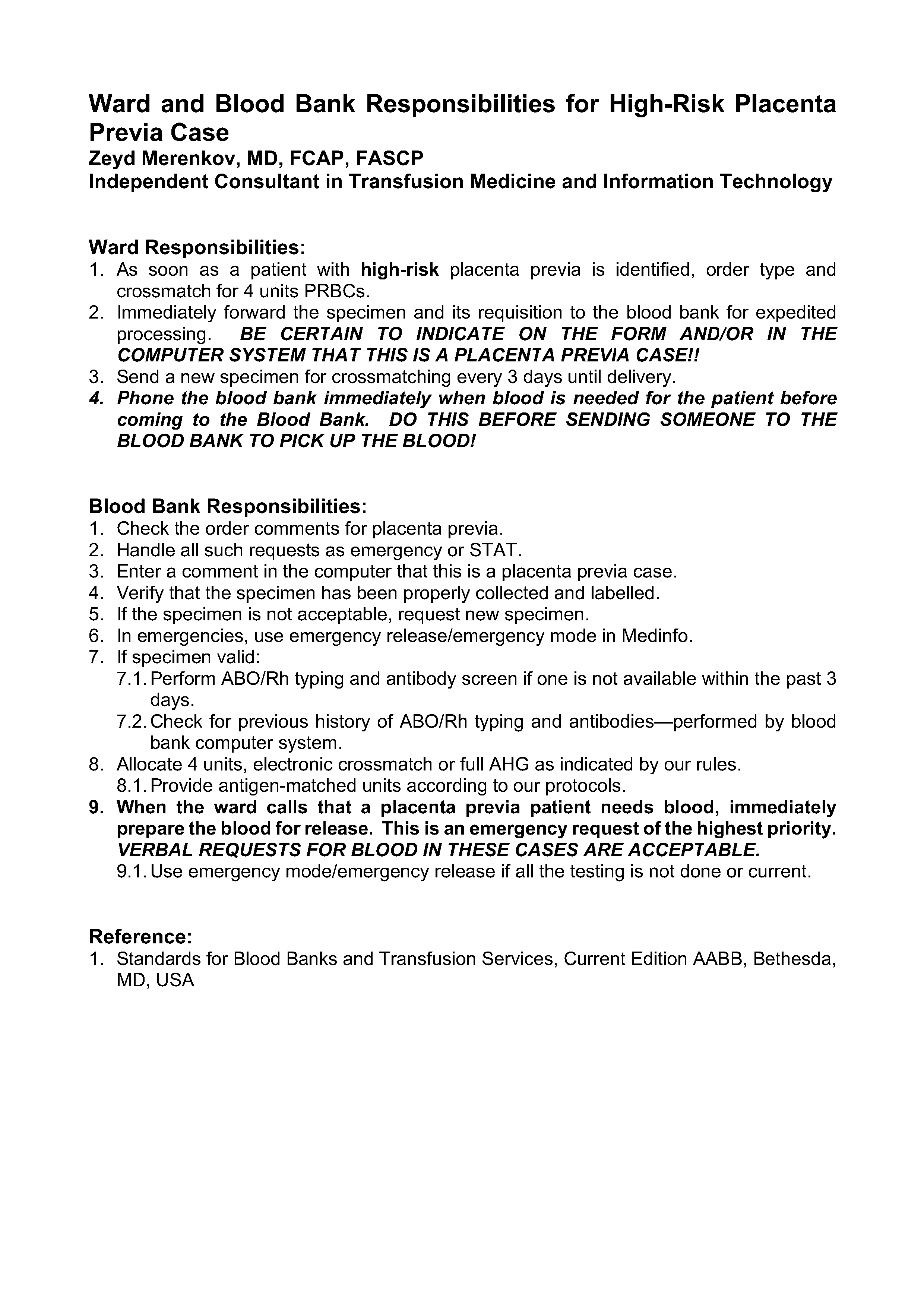 High Risk Ward Ward and Blood Bank Responsibilities for High-Risk Placenta Previa – Dr ...