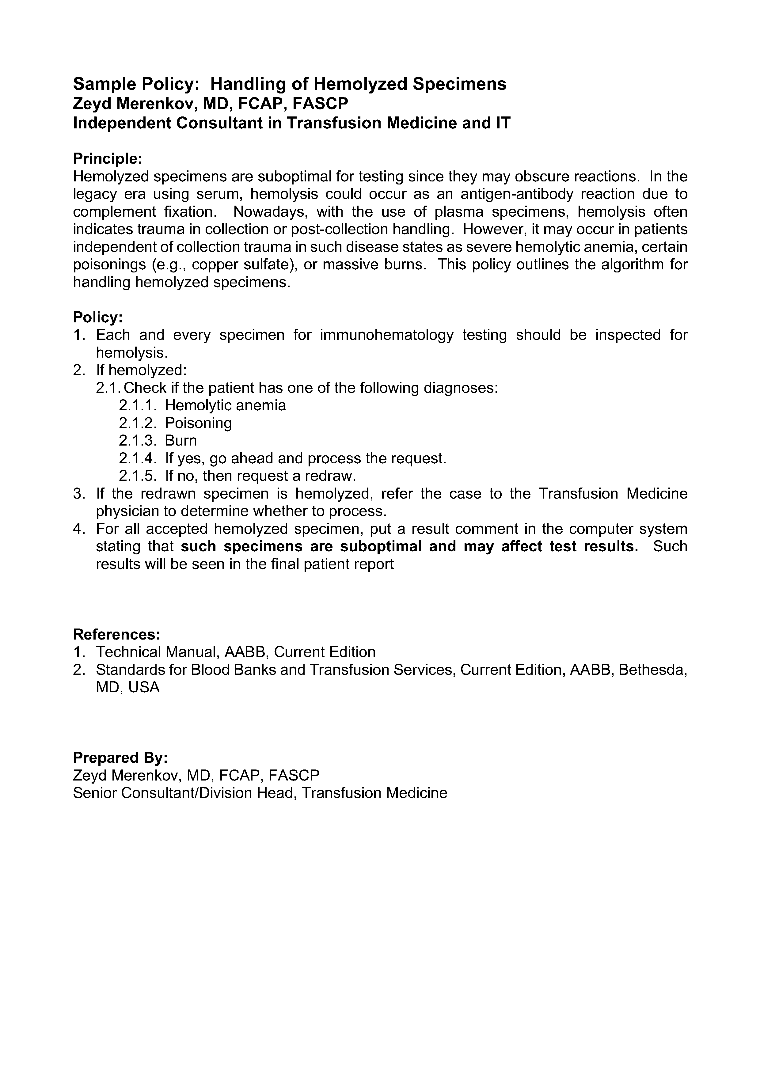 Policy Hemolyzed Specimens Dr. Zeyd Merenkov