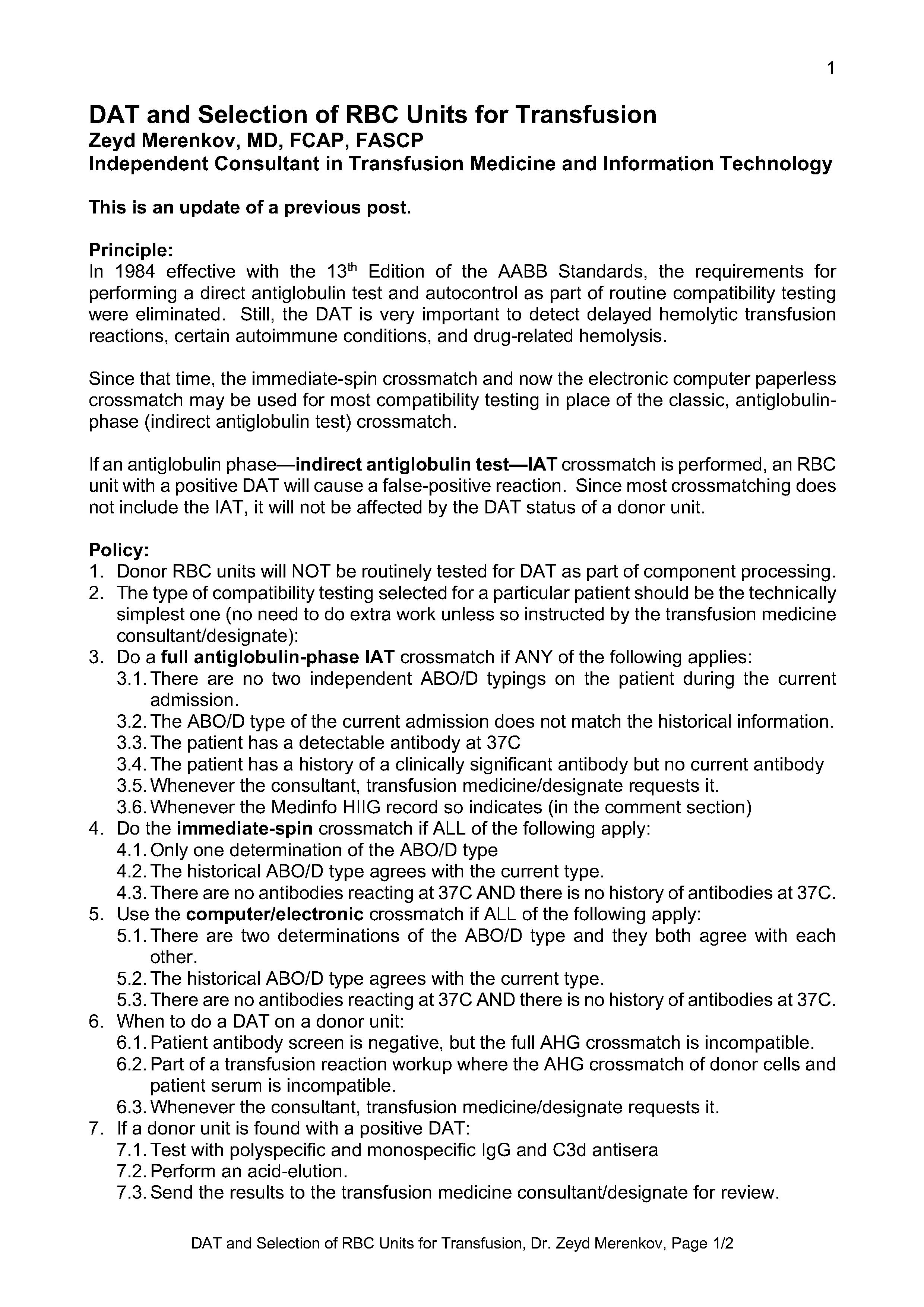 DAT and Selection of RBC Units for Transfusion – Dr. Zeyd Merenkov